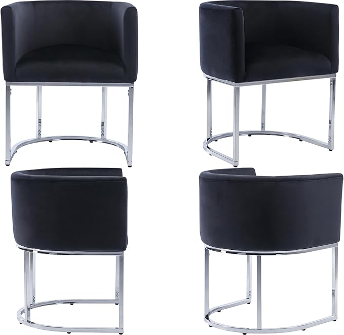 Velvet Dining Chairs Set of 8 Modern Barrel Arm Chairs with Chrome Metal Frame, Upholstered Kitchen Chairs 18.5" Wide Accent Chairs for Living Room Dining Room Restaurant, Black