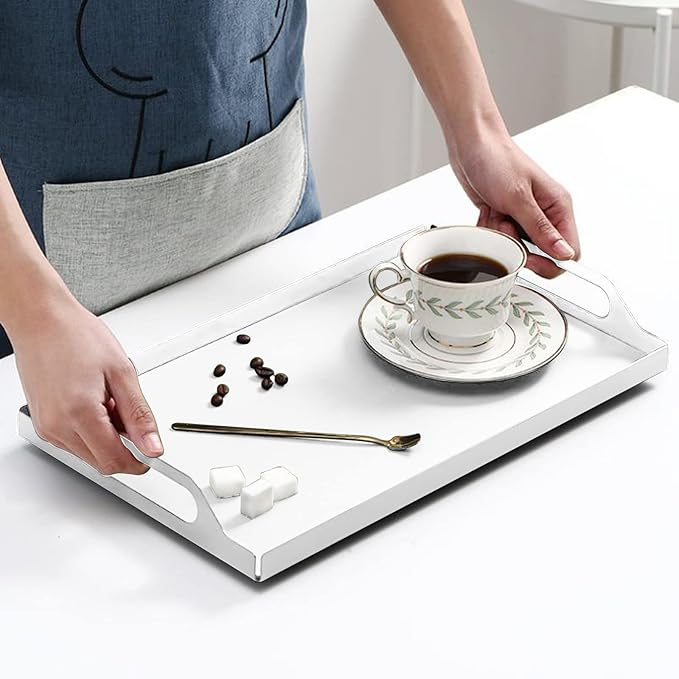 VANRA Metal Serving Tray Portable Bed Tray with Handles for Coffee Table, Living Room, Kitchen and Bathroom (White)