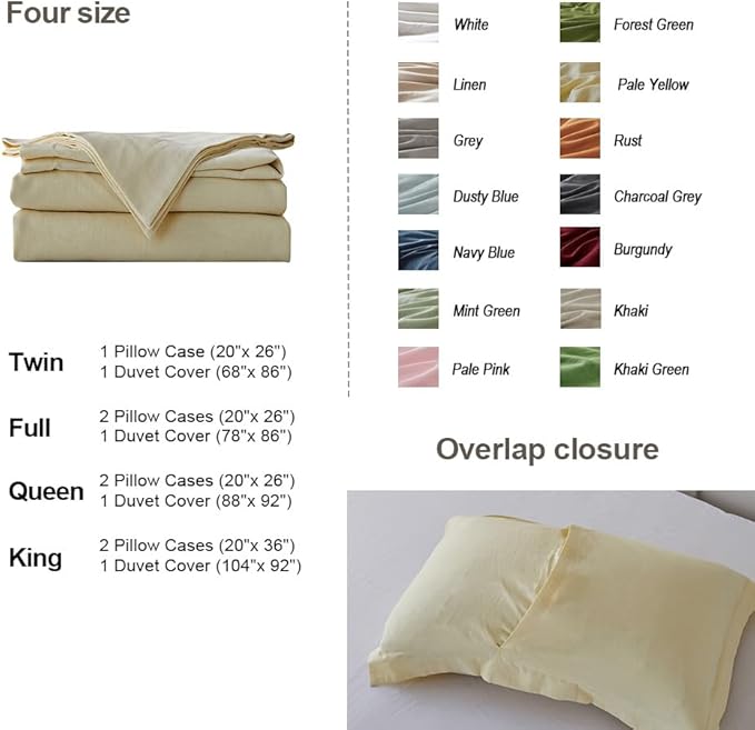Simple&Opulence French Linen Duvet Cover Set - Twin Size(68" x 86")- 2 Pieces (1 Comforter Cover,1 Pillowcase)- Natural Flax Cotton Blend-Solid Color Breathable Farmhouse Bedding-Pale Yellow