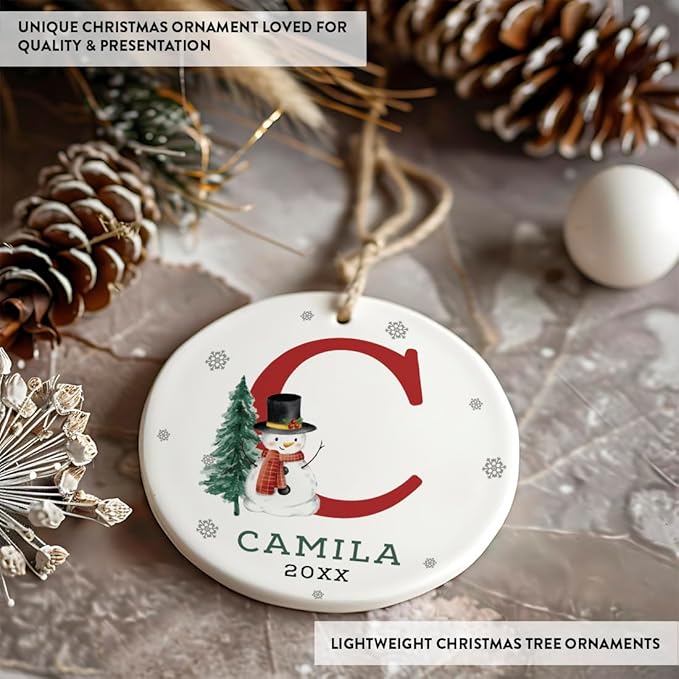 Andaz Press Personalized Christmas Ornament, Custom Name, Initial C Monogram Snowman 2.8" Ceramic Porcelain 2025 Christmas Ornament Keepsake for Kids, Boys, Girls 1-Pack Initial Ornaments