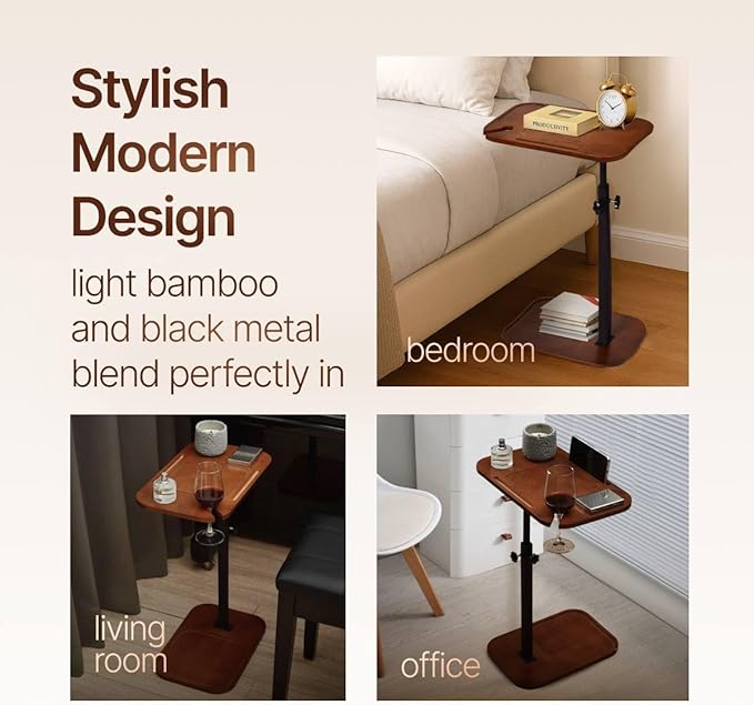 DAVIDOK C-Shaped Sofa End Table, Adjustable Height Couch Side Table with Device Slot, Brown Color with Black Metal Stand, Couch Table for Living Room, Bedroom