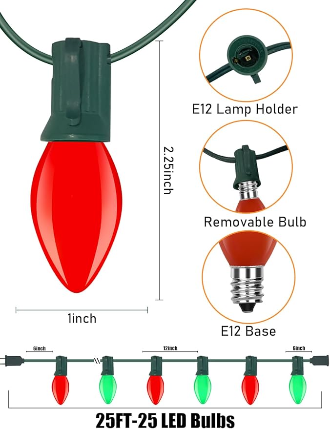 25ft Christmas Lights Outdoor, C7 Vintage Christmas String Lights with 27 Red Green Ceramic Bulbs(2 Spare), Hanging Patio String Lights for Holidays Christmas Party Wedding Decorations, Green Wire