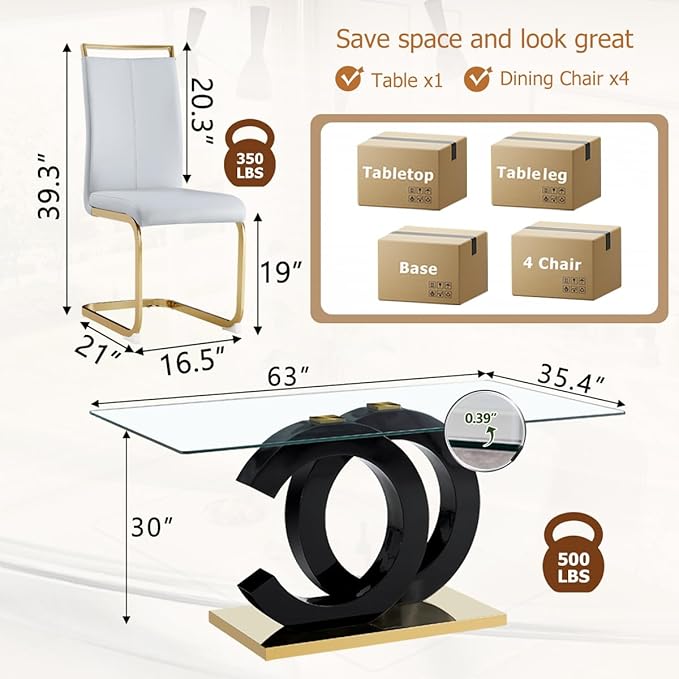 63'' Glass Dining Table Set for 4, Kitchen Table Chairs Set of 4, Clear Glass Dining Table with Black unique design Leg and Gold Metal Base, 4 PU Dining Chairs with Metal Legs, Living Room, Kitchen.