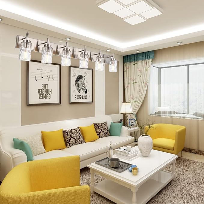 BONLICHT Mid-Century Bathroom Vanity Wall Light with Clear Water Glass, Farmhouse 6 Light Bath Lighting Over Mirror Modern Brushed Nickel Sconce Wall Lamp for Dining Room Dressing Table Vanity Table