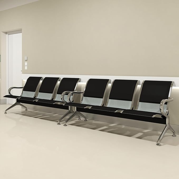 Kinfant 3-Seat Waiting Room Bench Set - PU Leather Office Chair Guest Reception Waiting Room Chair for Airport, Hospital, Bank, Salon, Barbershop(Black, Set of 2)