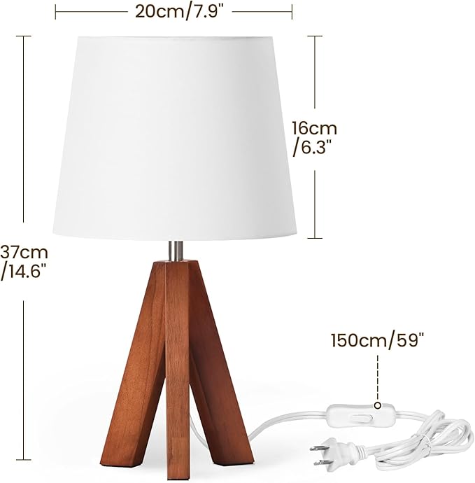 Tripod Table Lamp, Small Bedside Lamp with White Fabric Shade & Dark Wood Base, Modern Nightstand Lamp, Little Cute Desk Lamp for Bedroom, Kids Room, Living Room, Office, Study, LW51TL05
