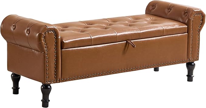 Storage Bench for Bedroom, 51" Upholstered End of Bed Bench, Faux Leather Queen Size Benches with Rolled Arms, Tufted Button Storage Long Ottoman, Living Room, Entryway, Brown