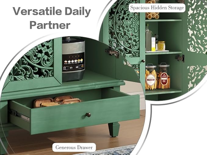 Rustic 55'' Tall Storage Cabinet with 2 Hollow-Carved Doors a Drawer, Wood Accent Cabinet with Solid Wood Legs for Living Room, Hallway, Dining Room (Antique Green-T)