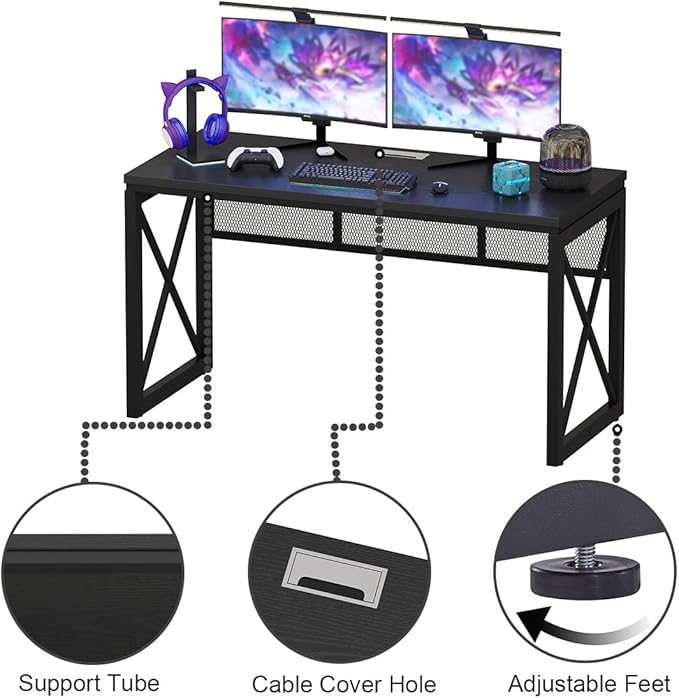 BON AUGURE Black Computer Desk, Modern Gaming Desk, Industrial Wood Office Desks, Sturdy Writing Desks for Home Office, Living Room, Study Workstation, Bedroom (Black, 54 Inch)