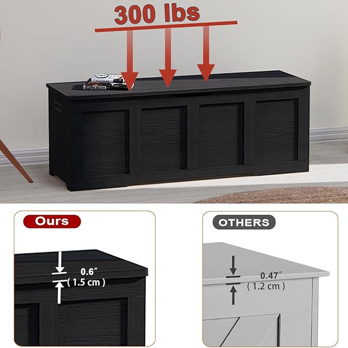 47.2" Storage Chest, Extra Large Storage Trunk with 2 Safety Hinges, Wooden Storage Bench, Shoe Bench, Entryway Bench for Living Room, Bedroom, Black