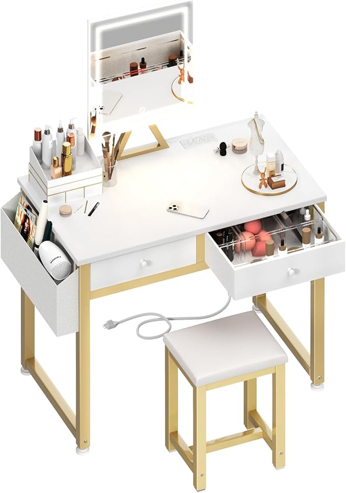 Lufeiya Small Makeup Vanity Desk with Mirror and Light, 32 inch White Vanity Desks Sets with Fabric Drawers for Girls Teen, Dressing Table and Chair Set with Power Outlet for Bedroom, White Gold