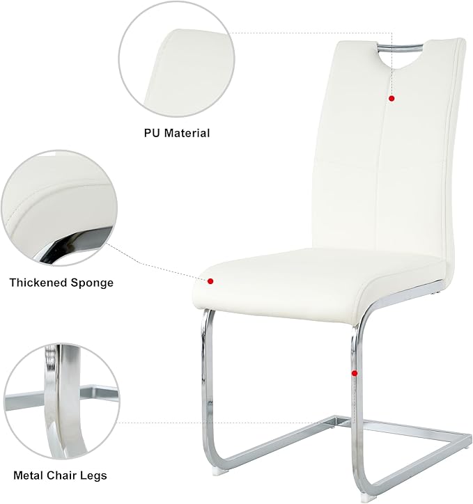 Modern Glass Dining Table Set for 6, Silver Glass Kitchen Table and Chairs Set of 6, 7 Piece Dining Room Table Set with 61" Rectangular Metal Glass Dinner Table and 6 White Leather Dining Chairs