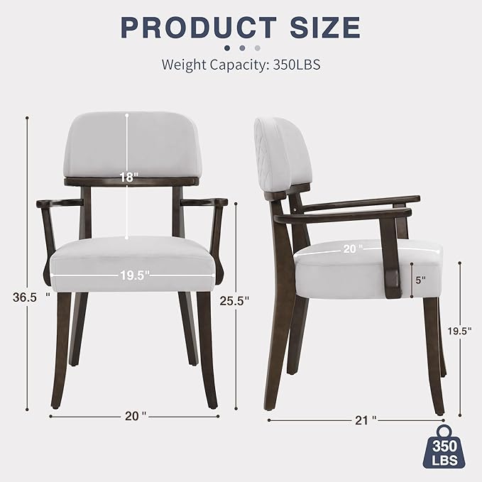 Modern Wood Dining Chairs with Arms Set of 6, Velvet Upholstered Kitchen Chairs with Open Curved Backrest & Black Hardwood Legs, Accent Chairs 350 LBS Capacity, White