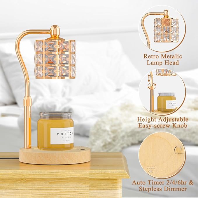 Candle Warmer Lamp with Timer, Candle Warmer Adjustable Height with 2 Bulbs, Dimmable Electric Candles Warming Lamp for Scented Jar Candles, Gold