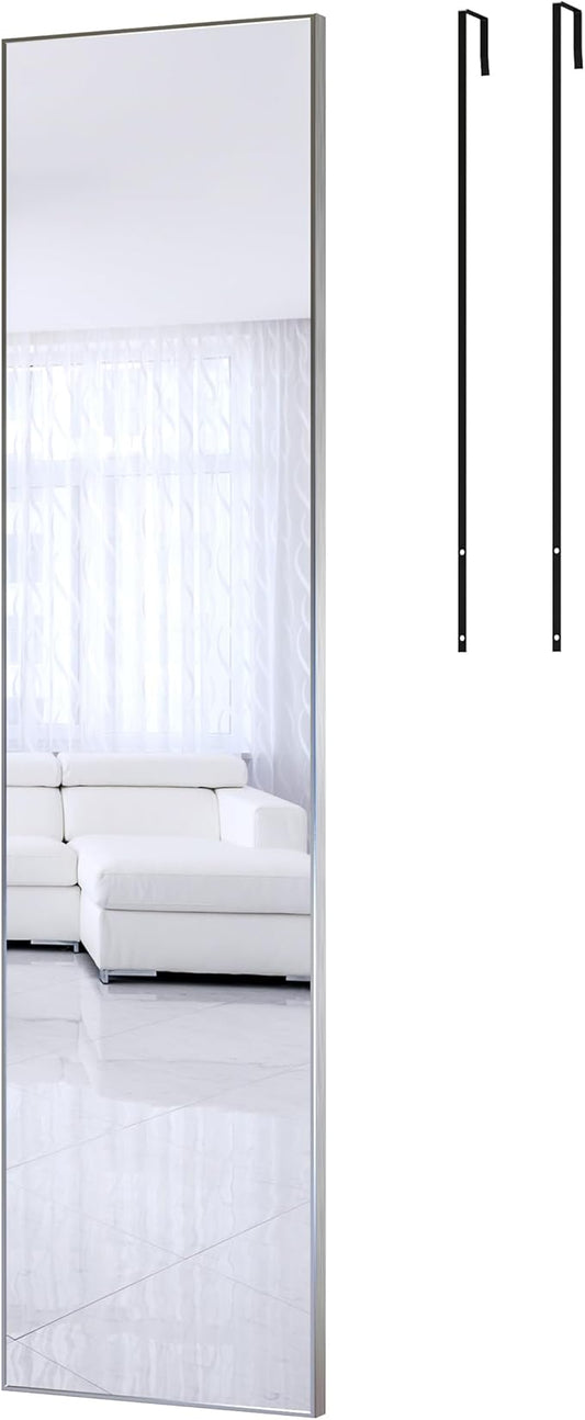 ANYHI Over The Door Mirror, 47"x12" Silver Full Length Mirror with 2 Hooks, Aluminum Brushed Frame, for Bedroom Bathroom