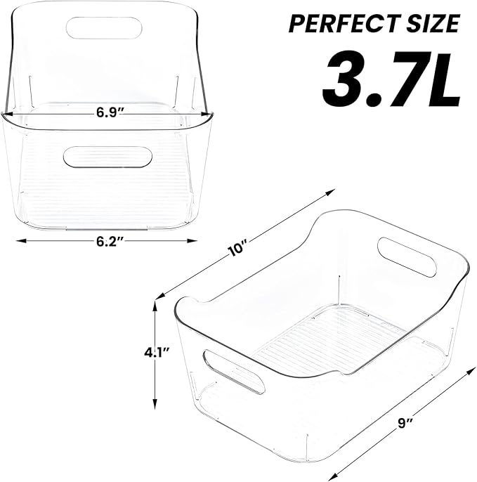 12 Pack Clear Plastic Storage Bins, Acrylic Organizer and Containers with Handle for Pantry, Cabinet, Closet, Refrigerator, Freezer, Bathroom, Kitchen Under Sink Storage