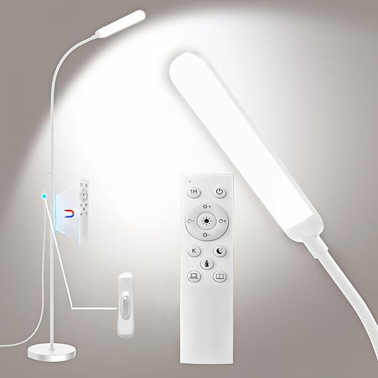 White LED Floor Lamp, 18W 1800lm Super Bright Dimmable Floor Lamps for Living Room Bedroom with Timer, Stepless Adjustable 2700K-6500K Colors & Brightness Standing Lamp with Remote & ON/Off Switch
