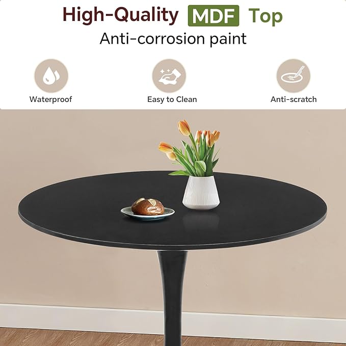 Small Space 31.5 Inch Black Round Tulip Dining Table - Modern Pedestal Base Kitchen Table for 2-4 People - Easy Assembly & Easy to Clean