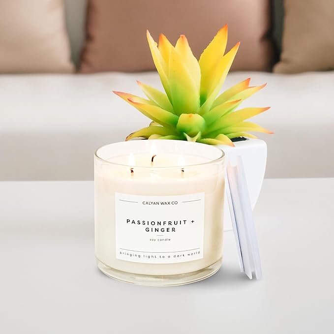 Calyan Wax Co. Passionfruit & Ginger 3 Wick Scented Candle - 43 Hour Burn - Luxury 3 Wick Soy Candles - Non Toxic Soy Wax Candles - Long Lasting Large Glass Jar Candle for Home - 14.9oz