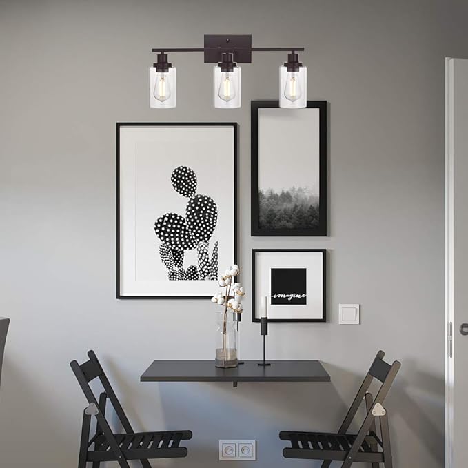 MELUCEE 3 Light Bathroom Vanity Light Oil Rubbed Bronze, Industrial Wall Light Fixture with Clear Glass Shade Sconces for Bedroom Porch Kitchen Living Room (Patent No.: US D963914 S)