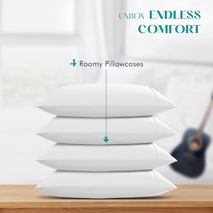 XOOX Linen 100% Egyptian Cotton Pillow Cases Standard/Queen Size Set of 4 - Luxury 1200 Thread Count Sateen White Pillow Cases, Silky Soft Cooling Pillowcases Fits Standard & Queen Size Pillows