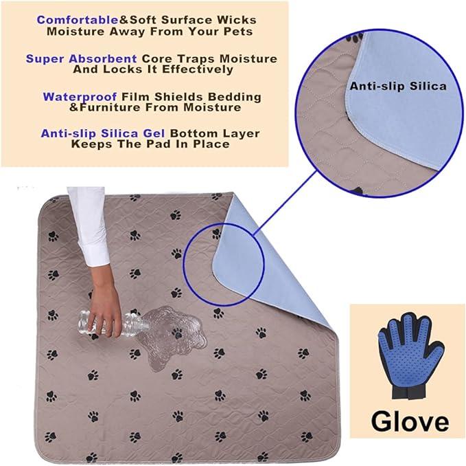 Washable Dog Pee Pads with Puppy Grooming Gloves,Puppy Pads,Reusable Pet Training Pads,Waterproof Pet Pads for Dog Bed Mat,Super Absorbing Whelping Pads