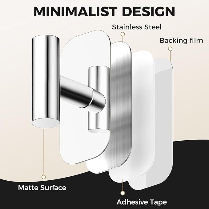 Adhesive Towel Hooks for Shower,Waterproof Heavy Duty Bathroom Hooks,Wall Mounted Sticky Hangers for Coats/Aprons/Robes,No Drilling(Chrome,4 Pack)