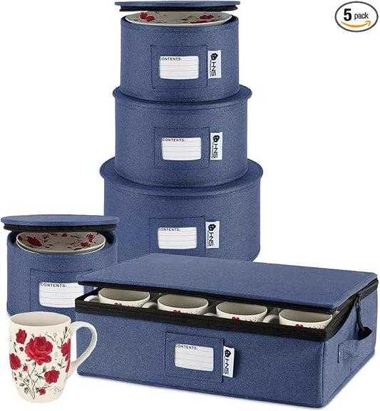 Hard Shell China Storage Containers 5-Piece Set Moving Boxes for Dinnerware, Glasses, Plates, Mugs and Saucers Sturdy Dish Organizer with Dividers for Seasonal Storage - Service for 12 - Denim Blue