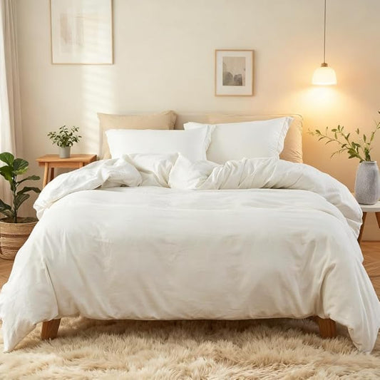 Simple&Opulence French Linen Duvet Cover Set 78" x 86"- 3 Pieces (1 Comforter Cover,2 Pillowcases)- Natural Flax Cotton Blend-Solid Color Breathable Farmhouse Bedding-Off White, Full