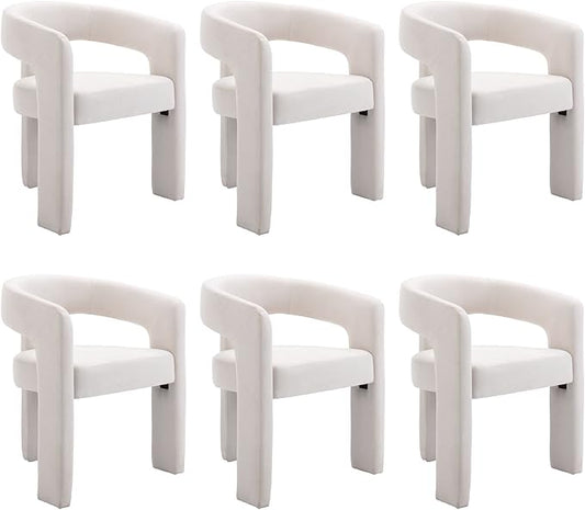 Set of 6 Modern Linen Fabric Upholstered Dining Chairs with Open-Back, Cute Barrel Side Chairs Kitchen Armchair Accent Chairs for Dining Room Bedroom, Ivory
