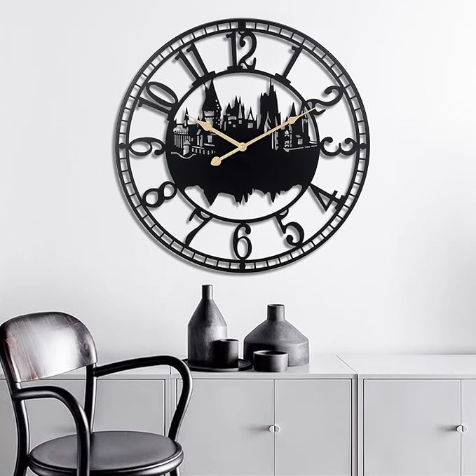 Wall Clocks for Living Room, Metal Black Castle with Metal Golden Retro Hands, Battery Operated Silent Non-Ticking Large Wall Clock for Bedroom Kitchen Living Room Home Decor,16x16Inch