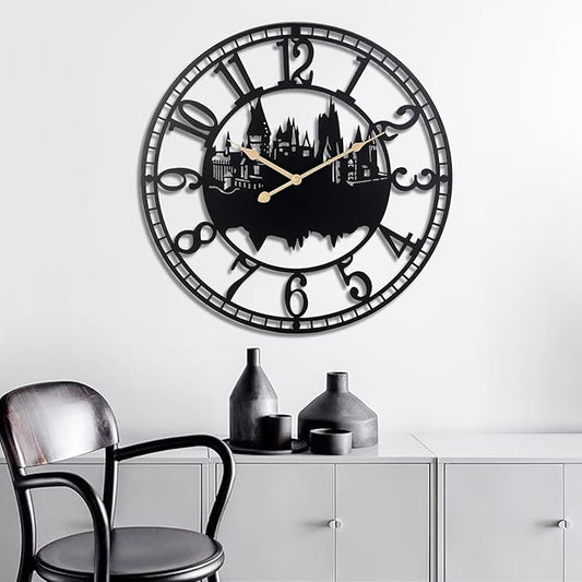 Wall Clocks for Living Room, Metal Black Castle with Metal Golden Retro Hands, Battery Operated Silent Non-Ticking Large Wall Clock for Bedroom Kitchen Living Room Home Decor,16x16Inch