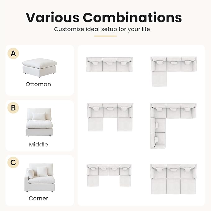 120" Cloud Couch Modular Sectional Sofa with Ottoman,Down Filled U Shaped 5 Seater Convertible Sofa,Cover Washable and Replaceable Couches for Living Room,White