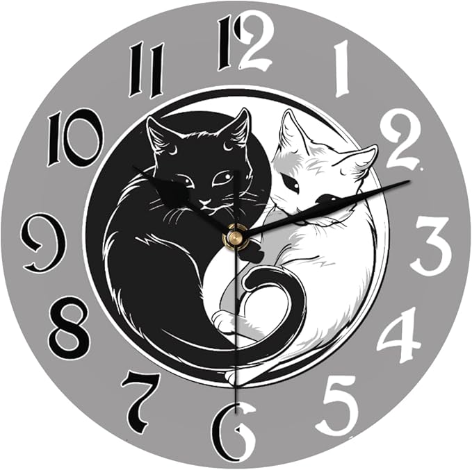 Ying Yang Tai Chi Cat Wall Clock Battery Operated 10 in Round Wall Clocks Slilent Non Ticking Quartz Analog Clock for Bedroom Kids Living Room Classroom Decor