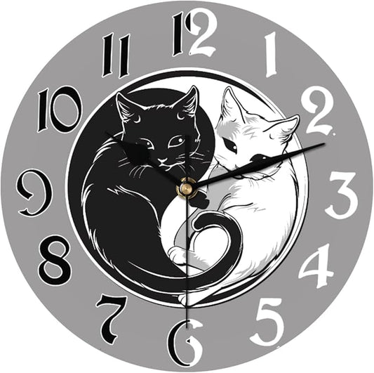 Ying Yang Tai Chi Cat Wall Clock Battery Operated 10 in Round Wall Clocks Slilent Non Ticking Quartz Analog Clock for Bedroom Kids Living Room Classroom Decor
