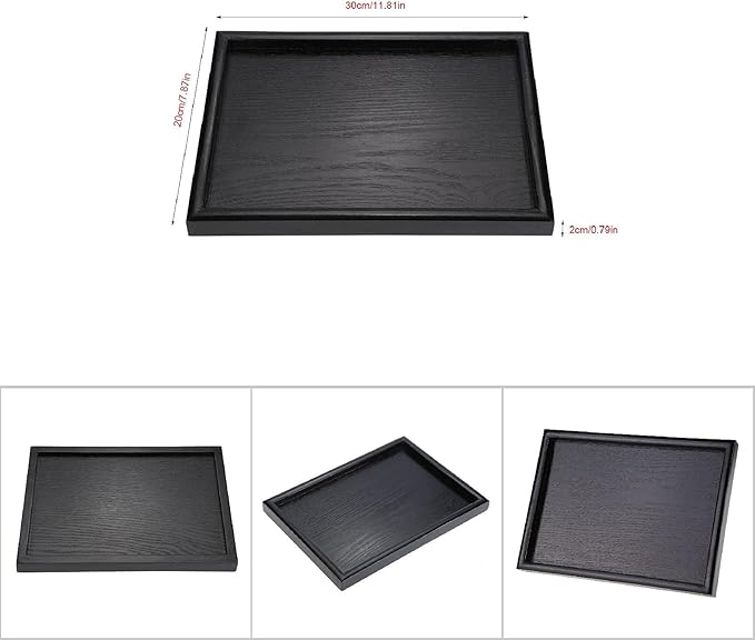 Solid Wood Serving Tray Rectangle Non-Slip Tea Coffee Snack Plate Food Meals Serving Tray with Raised Edges for Home Kitchen Restaurant(11.81x7.87x0.79, Black)