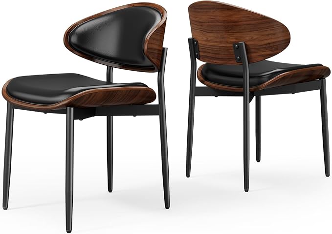 Dining Chairs Set of 2, Mid-Century Modern Upholstered PU Leather Chairs with Walnut Bentwood Back and Metal Legs Adjustable Feet for Kitchen Dining Room, Black PU
