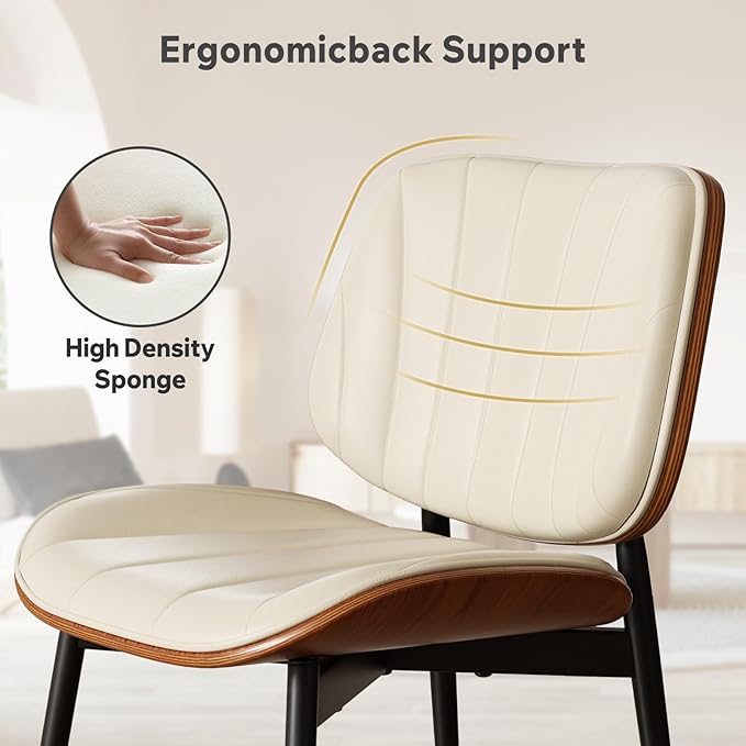 Dining Chairs Set of 8, Mid Century Modern Dining Room Chair, Upholstered Faux Leather Kitchen Chairs with Walnut Bentwood Back and Metal Legs for Kitchen Dining Room Living Room, Beige