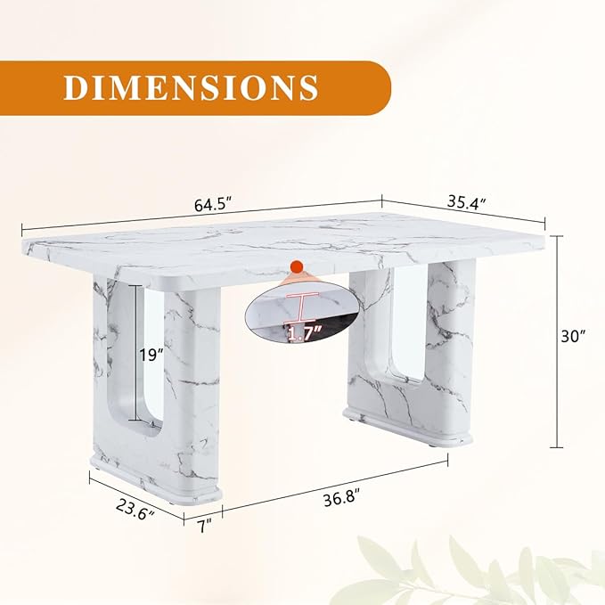 Dining Room Table for 6 - White Faux Marble Dining Table with 1.7-Inch Thick Seamless Tabletop and Dual Pedestal Base,64.5'' Mid Century Modern Dining Table Ideal for Kitchen,Home Office