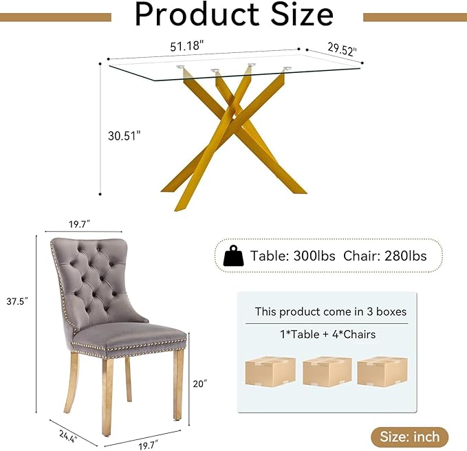 Goujxcy Glass Dining Table Set for 4, Modern Kitchen Table and Chairs Set of 4, 5-Piece Kitchen Dining Room Table Set w/51 Gold Glass Dining Table and 4 Grey Velvet Upholstered Chairs