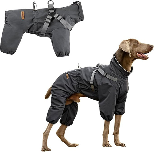 Dog Raincoat with Harness for Medium and Large Dogs, Adjustable Waterproof Dog Rain Jacket,Reflective Rainproof Puppy 4 Legs Raincoat-Grey,3XL
