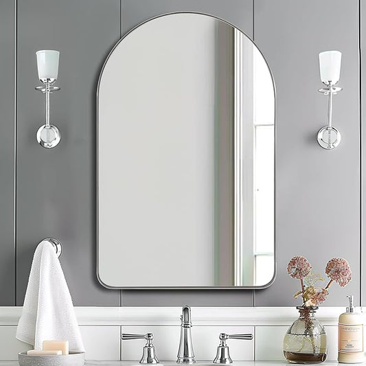 ANDY STAR Chrome Mirror, 22 x 35 Inch Arch Mirror in Stainless Steel Metal Frame, Chrome Arched Bathroom Mirror, Arch Top Rounded Corner 1 Inch Deep Set Design Wall Mount Hangs Vertical