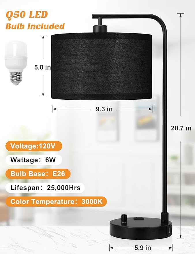 Innqoo Black Tall Table Lamp with USB Port and Outlet, Dimmable Nightstand Bedside Lamps with Linen Lampshade, Desk Lamp for Bedroom, Living Room, Guest Room, Home Office, LED Bulb Included
