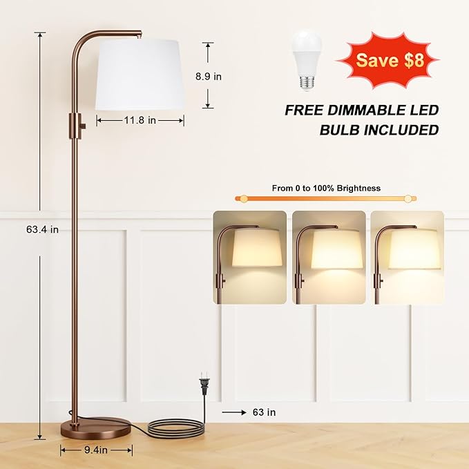 Ambimall Fully Dimmable Floor Lamp - Floor Lamps 9W LED Light Bulbs, Standing Lamps for Living Room, Modern Standing Light Tall Lamp for Bedroom (Brown and White)