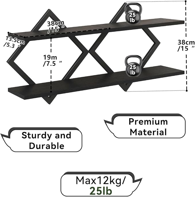 IBUYKE Floating Shelves,15 Inch Wall Shelf Set of 2,Wall Mounted Shelves,2 Tier Hanging Decorative Storage Shelf for Living Room, Bedroom, Bathroom, Kitchen TFS003B-2