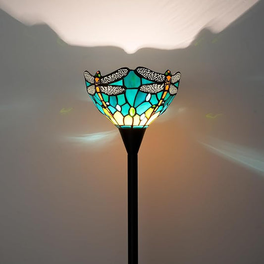 Tiffany Floor Lamp Tochiere Standing Green Dragonfly Style Stained Glass Floor Light Vintage Tall Pole Uplight Lamp Rustic Corner Lamp with Foot Switch for Home Decor Living Room Bedroom