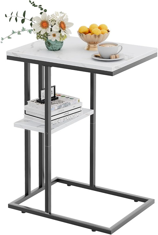 C Shaped End Side Table, Couch Sofa Table for Small Space, Black Snack Table with Metal Frame, TV Tray Table for Bed, Living Room, Bedroom, Bedside(White Marble)