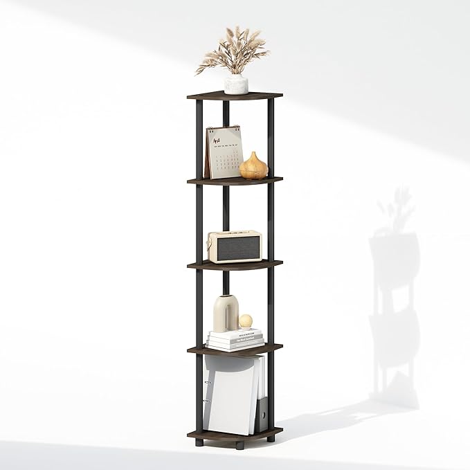 Furinno Turn-N-Tube Storage Shelves, 5-Tier Book Shelf, Corner Shelf, Toolless Open Shelves, for Organization and Storage, Living Room, Home Office, Hallway, Bedroom, Dark Brown Grain