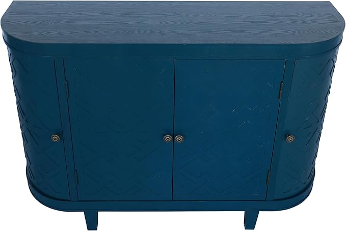 KEIKI 47'' Modern 4-Doors Buffet Sideboard with Storage,Wood Fluted Accent Cabinet with Curvy Edge, Oval Freestanding Credenza Entryway Console Table for Living Room, Hallway, Dining Room,Kitchen,Blue