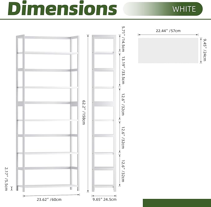 5-Tier Bookshelf, Industrial Bookcase with Bamboo Frame, Modern Display Standing Shelf Unit, Tall Wood Storage Organizer for Living Room, Home Office, White
